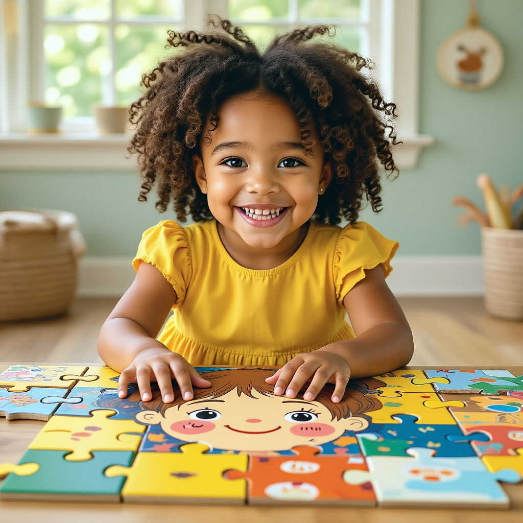 Girl Builds Puzzle in Whimsical Children's Illustration Styl...