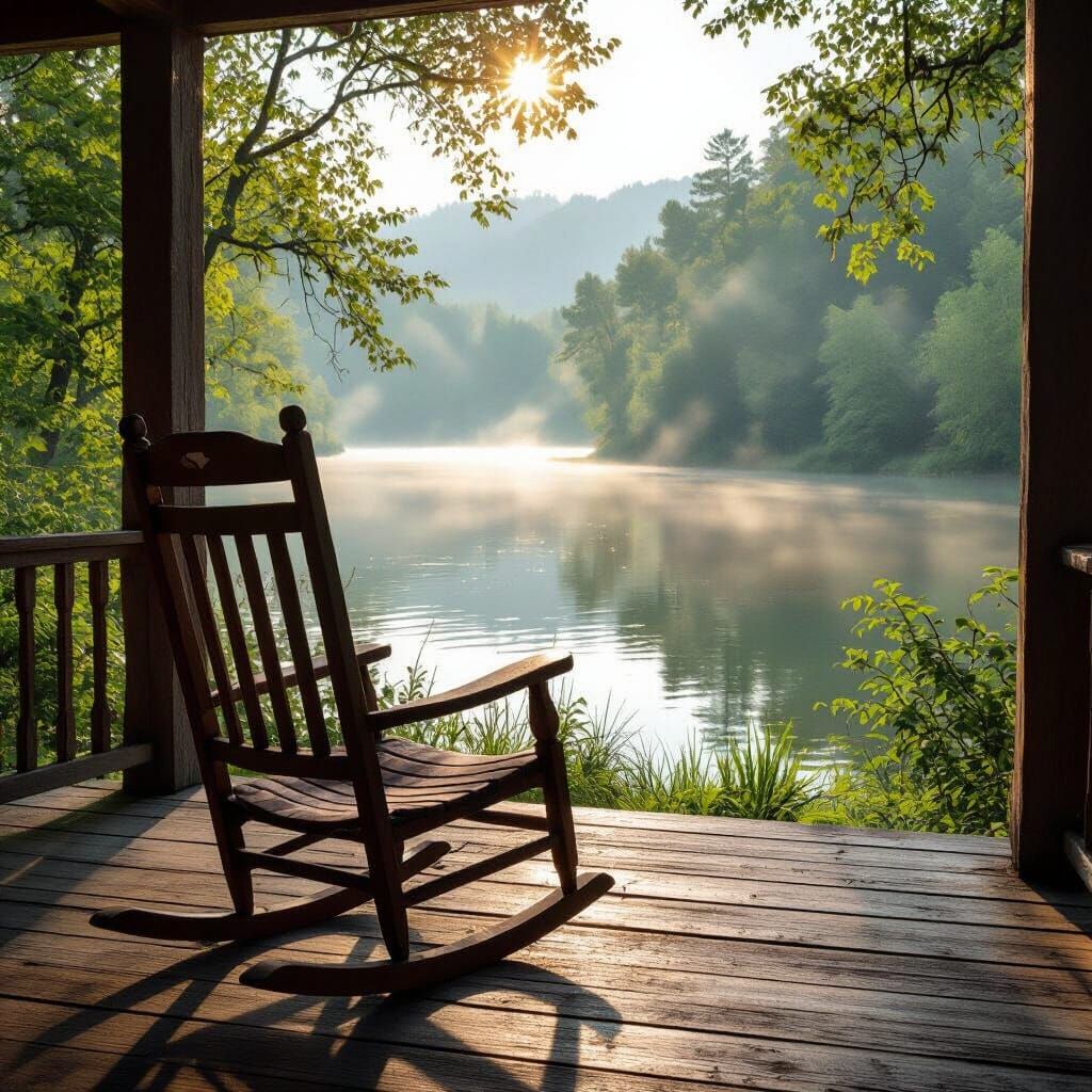 Misty River View from Porch in Hyperrealistic Style