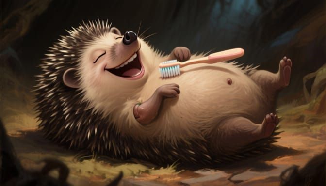 Joyful Hedgehog Tickled by Toothbrush, Fantasy Art Style
