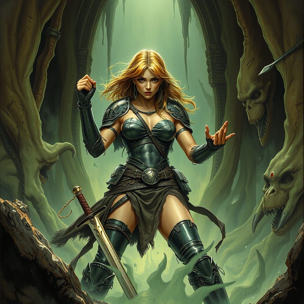 Fantasy Woman Warrior in Gelatinous Muck Trap