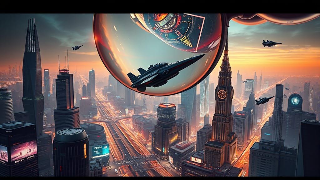 Cyberpunk Cityscape with Futuristic Battleships and Gargantu...