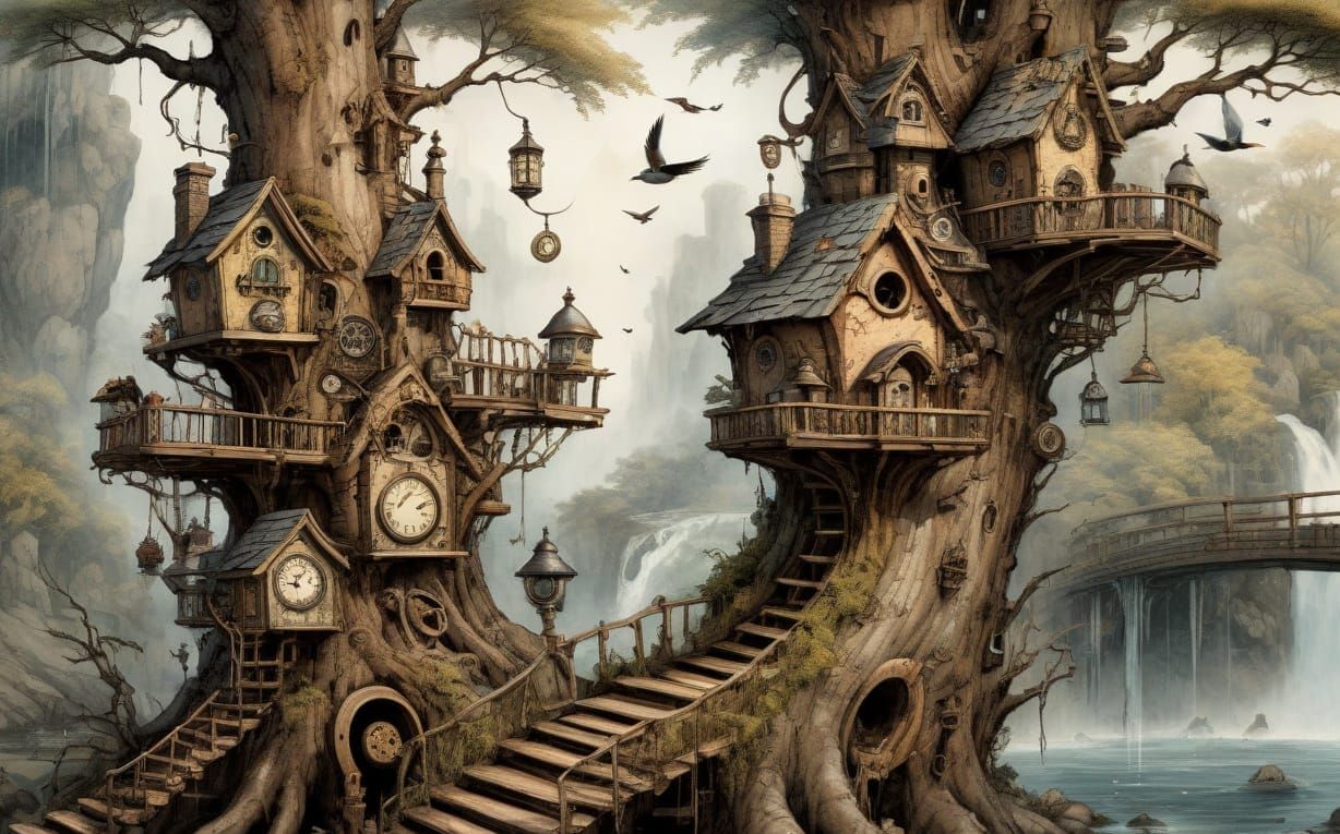 Steampunk Birdhouse Village Watercolor Painting