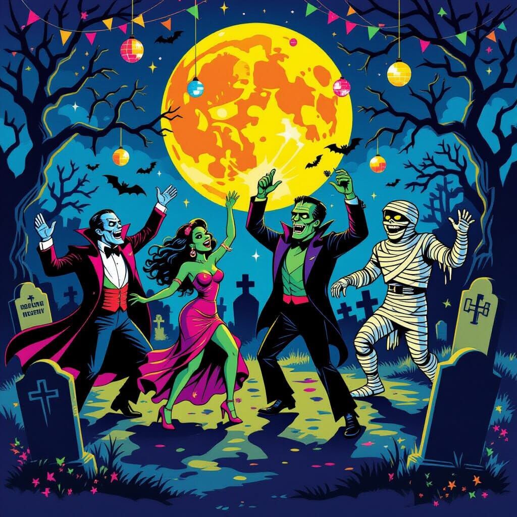 Monsters Dancing at a Psychedelic Graveyard Party