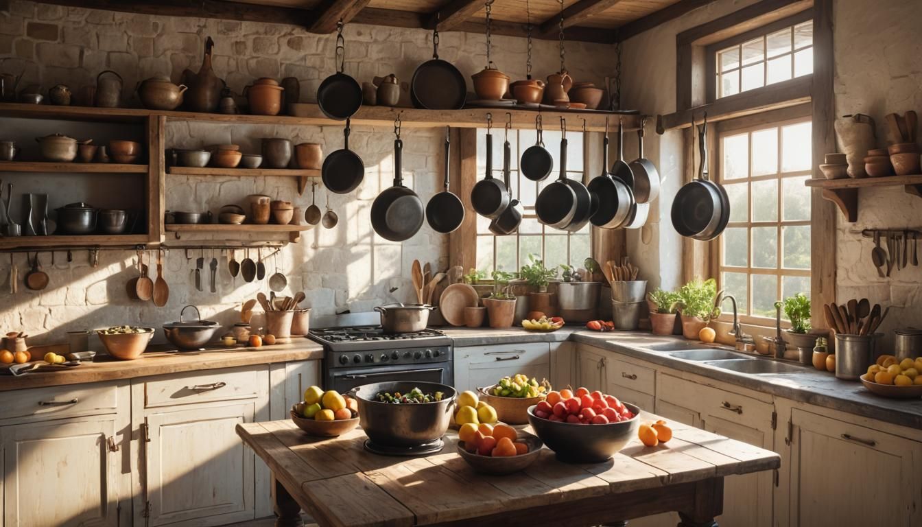 Rustic Kitchen Interior with Sunlight and Fruit