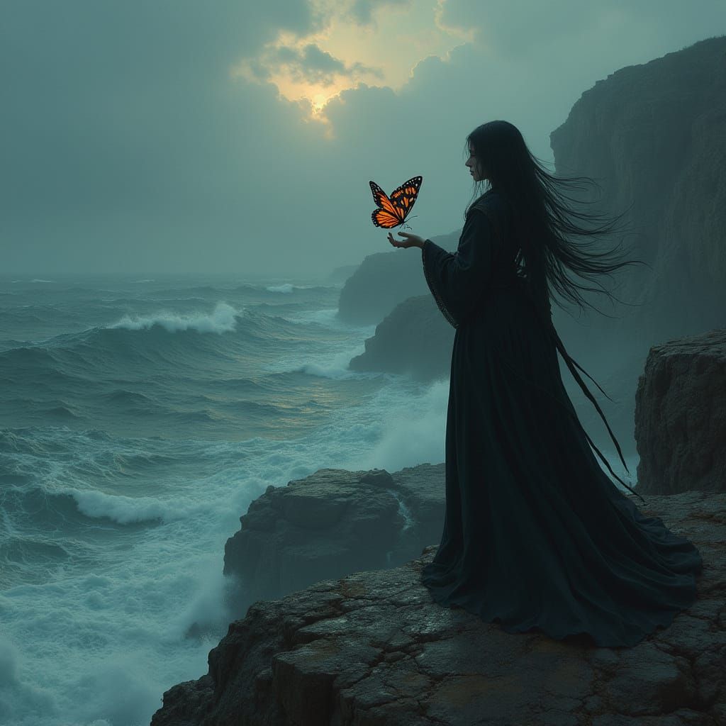 Witch on Cliff Overlooking Stormy Sea
