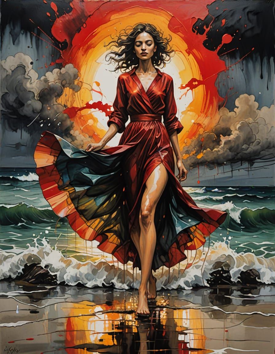 Ethereal Woman in Flowing Dress: Graffiti Art Poster