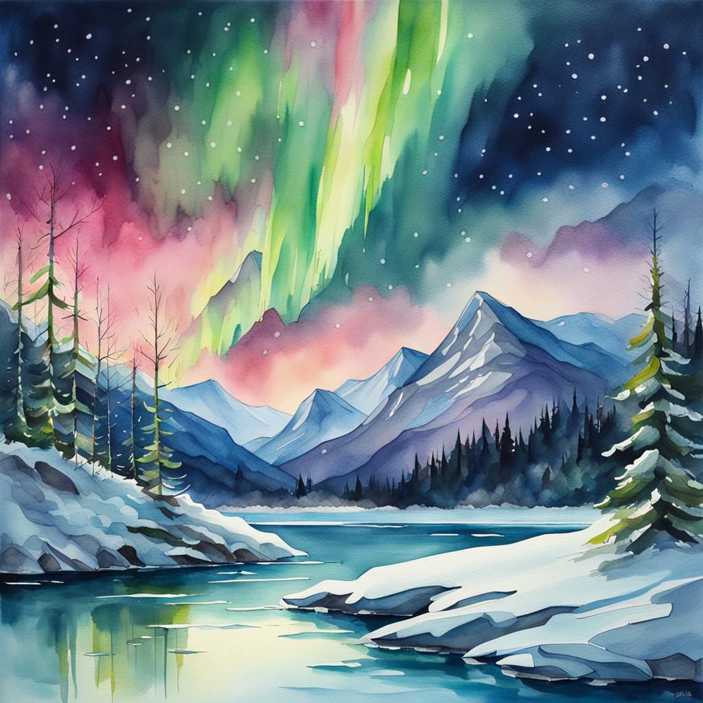 Northern Lights Over Frozen Lake in Watercolor