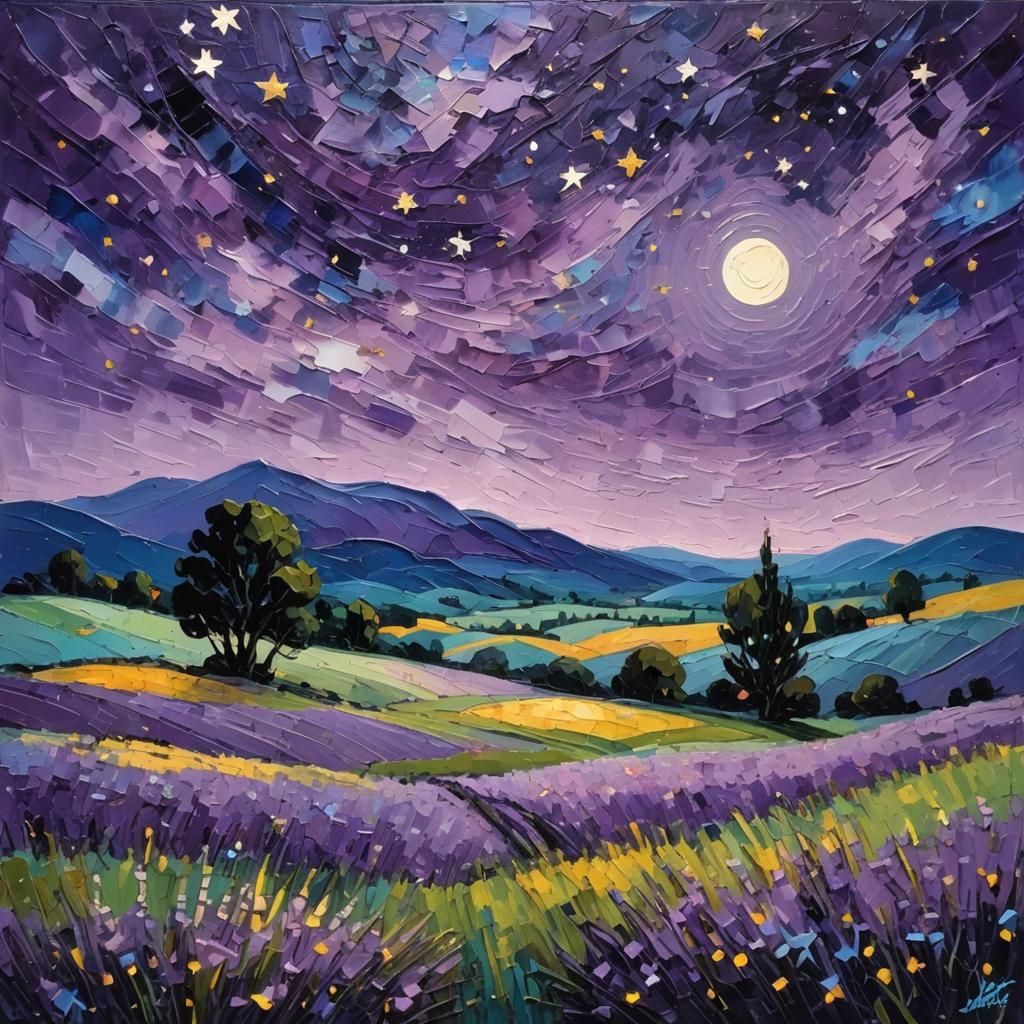 Impasto Summer Night Landscape with Metal Stars
