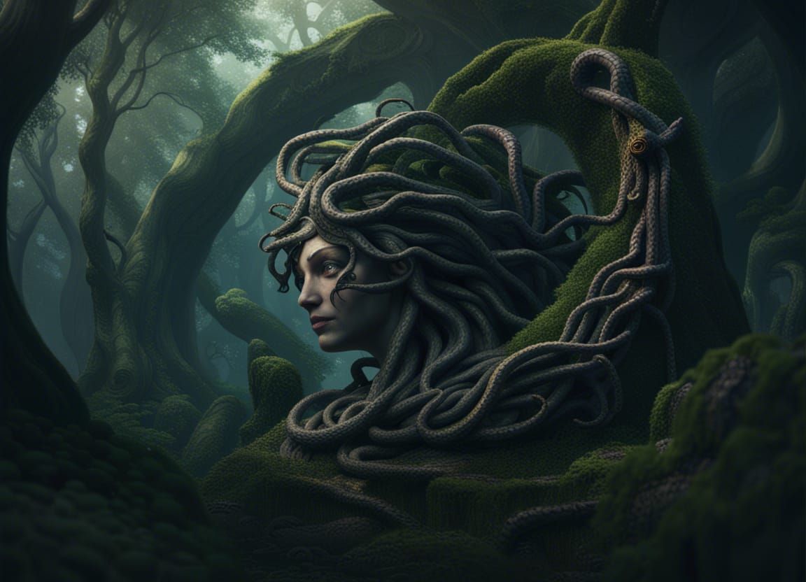 Medusa in Forest: Detailed Matte Painting