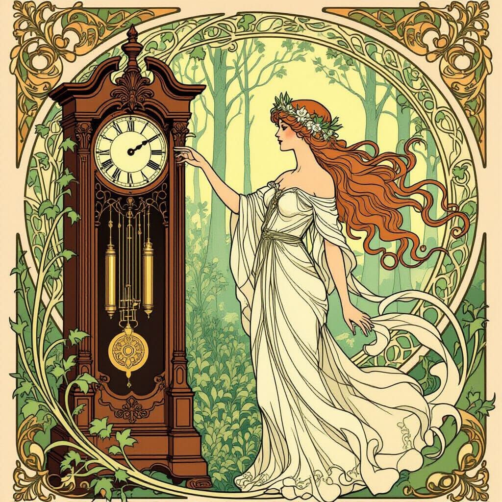 Art Nouveau Forest Spirit and Grandfather Clock