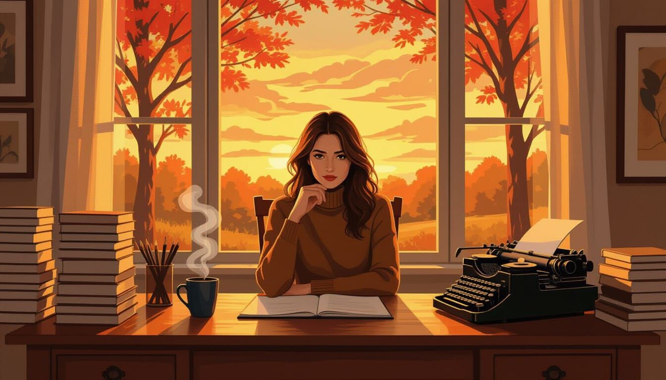 Cozy Autumn Office Scene with Woman at Desk