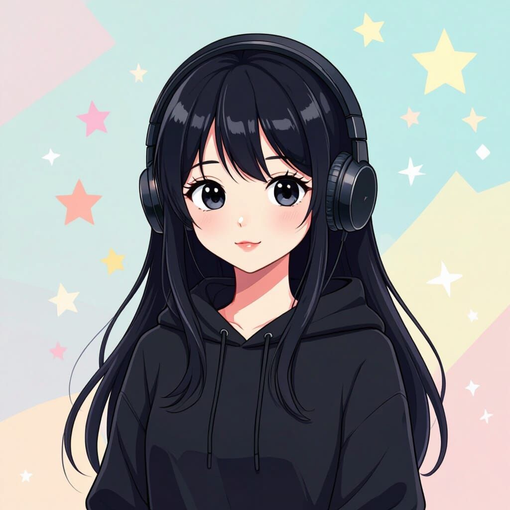 Cute Anime Girl with Long Black Hair and Headphones