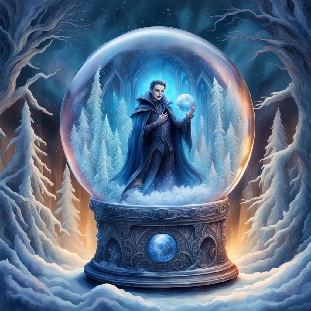 Vampire in Icy Snow Globe: Cosmic Holographic Art