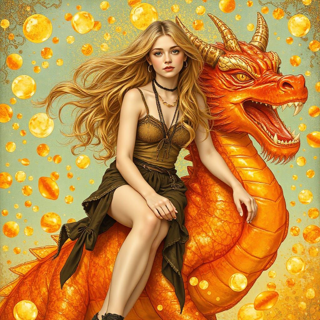 Woman on Gummy Dragon in Effervescent Soda Sea