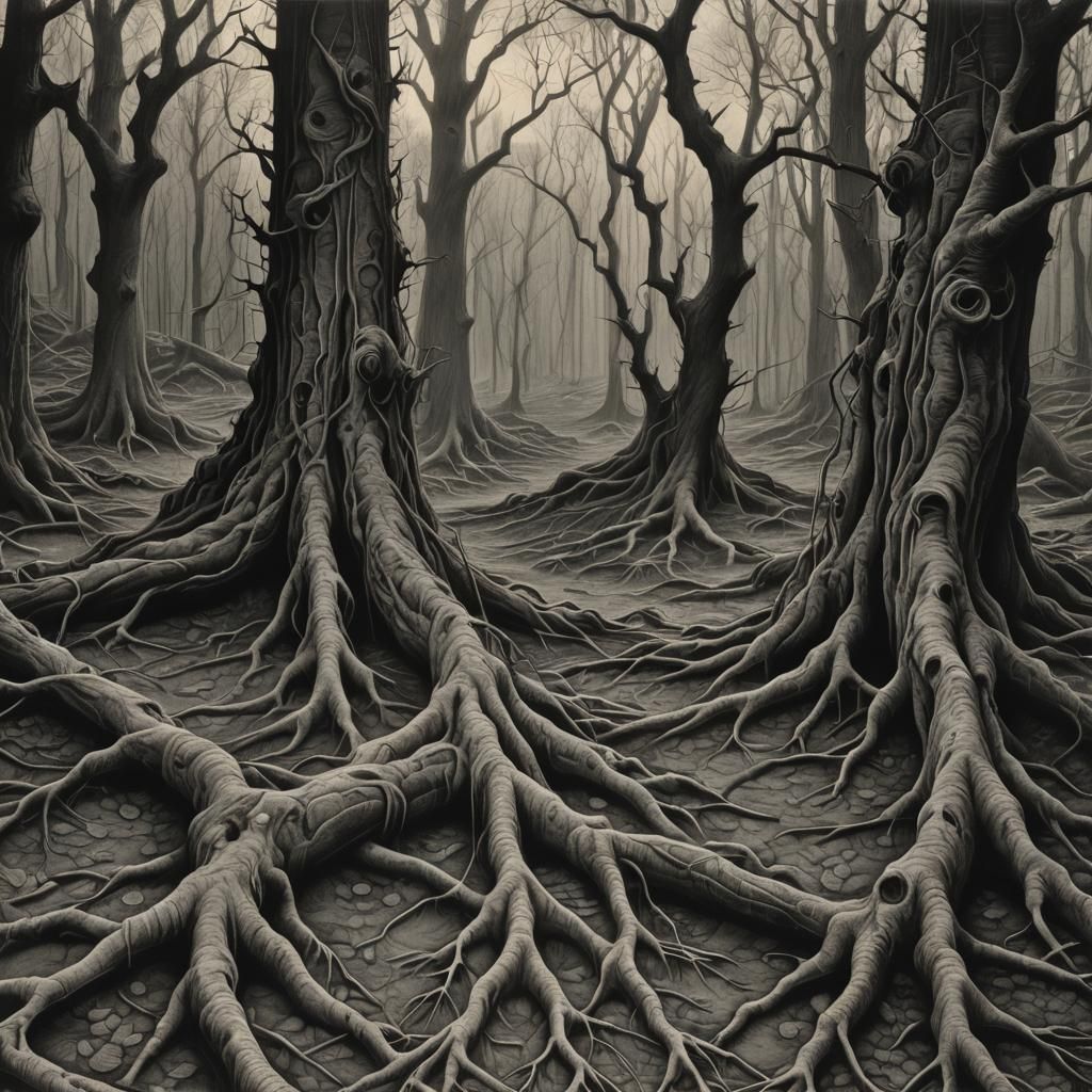 Network of Roots Bursting Forth in Sunlight: Charcoal Drawin...