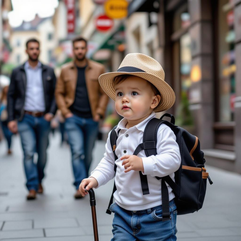 Baby Explorer with Backpack and Cane on City Street