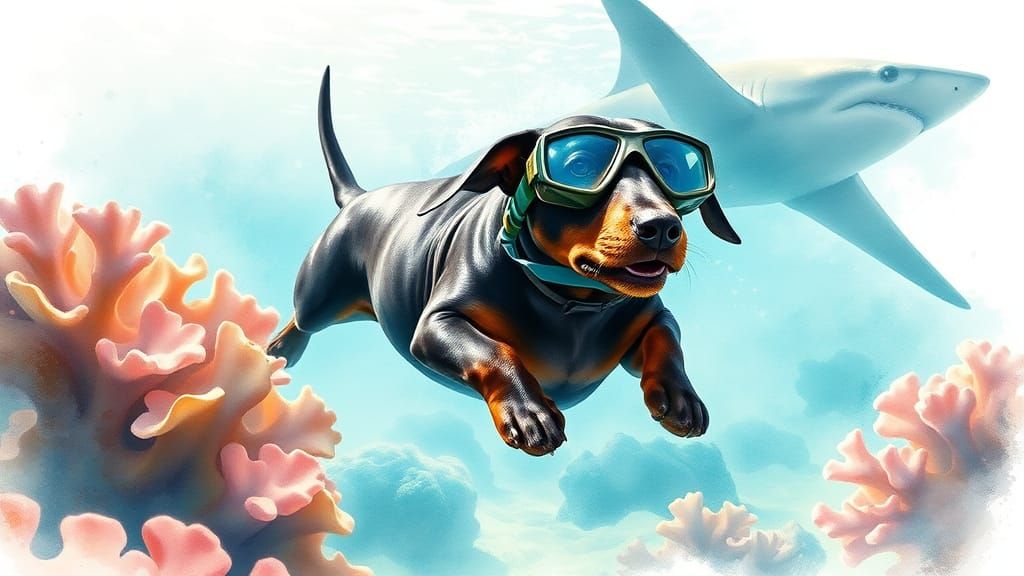 Dachshund Swims Over Coral in Turquoise Water