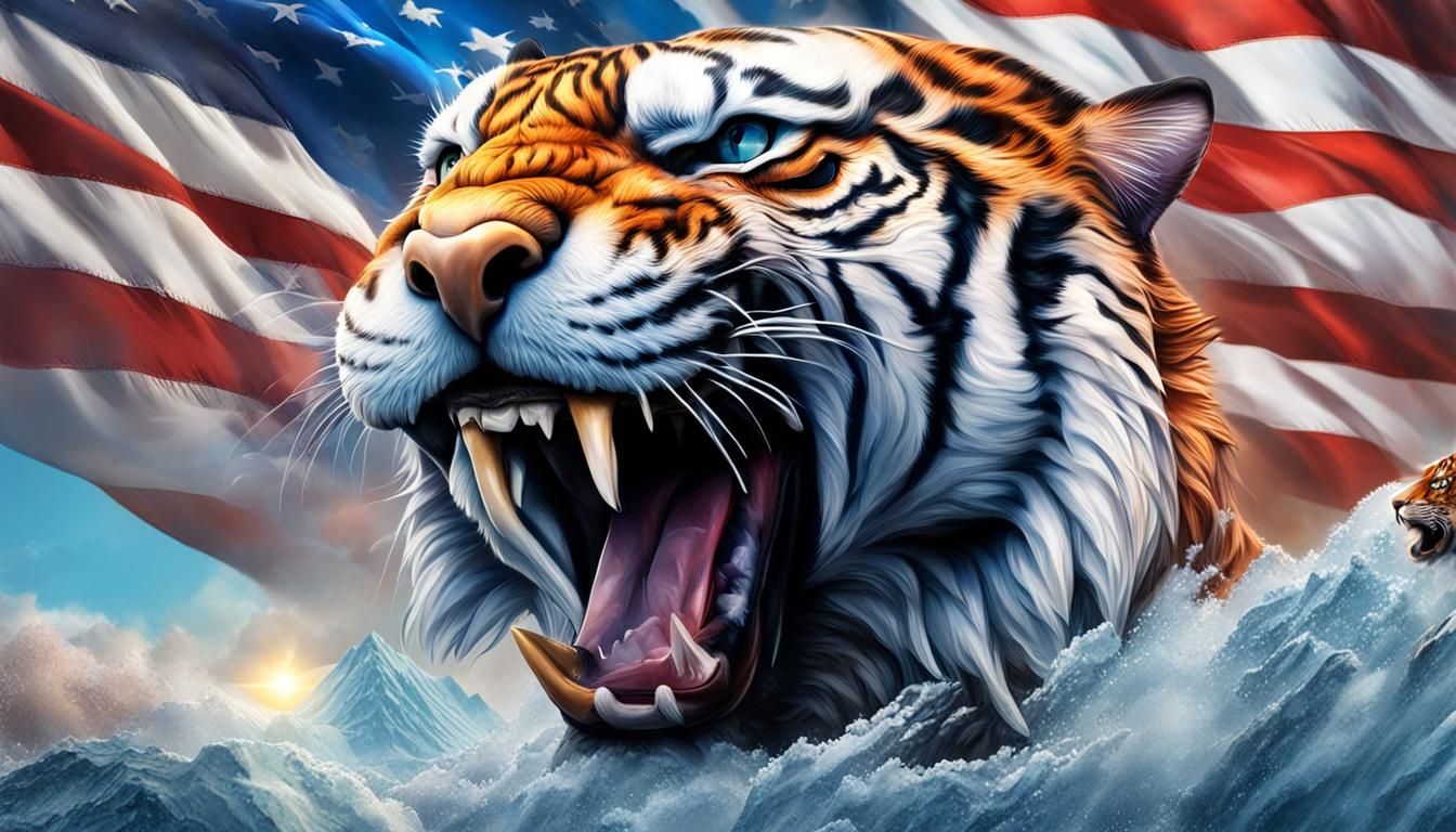 Patriotic 3D Scene: Tigers, Eagle, American Flag