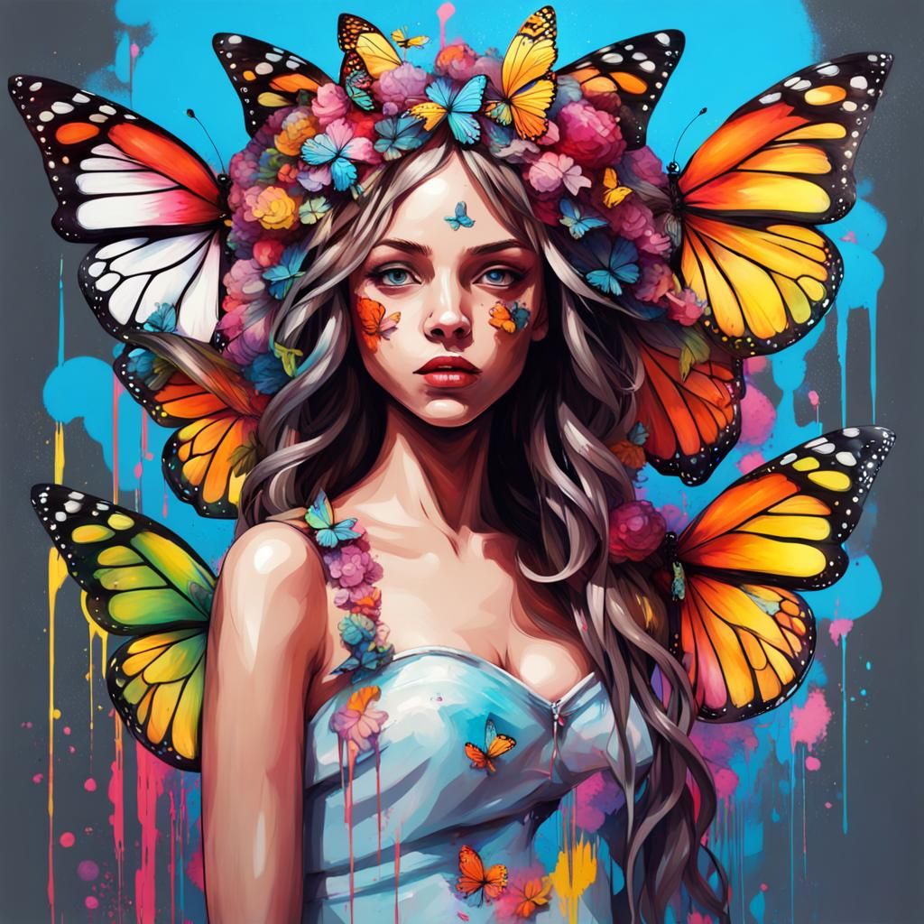 Girl in Butterfly Gown: Graffiti Art Style