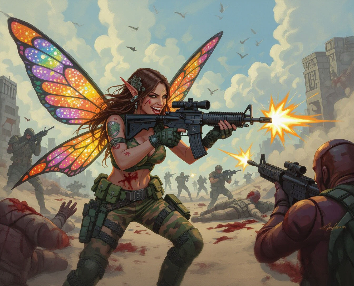 Fairy Soldier in Battlefield, Neo-Impressionist Style