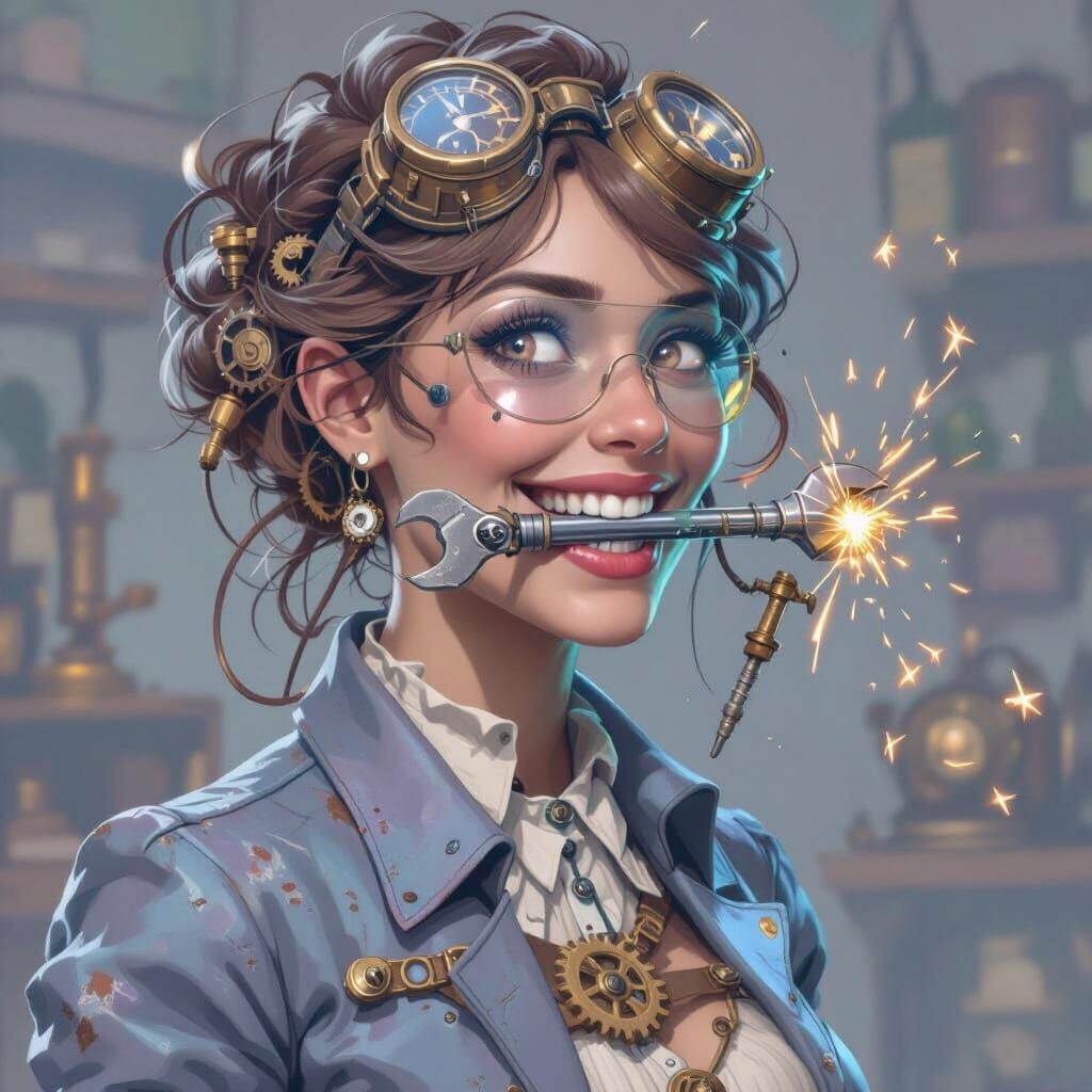 Steampunk Inventor Tinkering in Workshop: Matte Painting