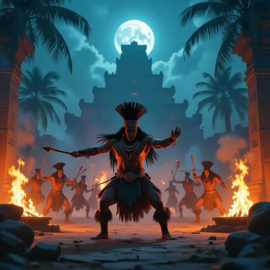 Inca War Dance Amidst Fiery Temple Complex Under Moonlight