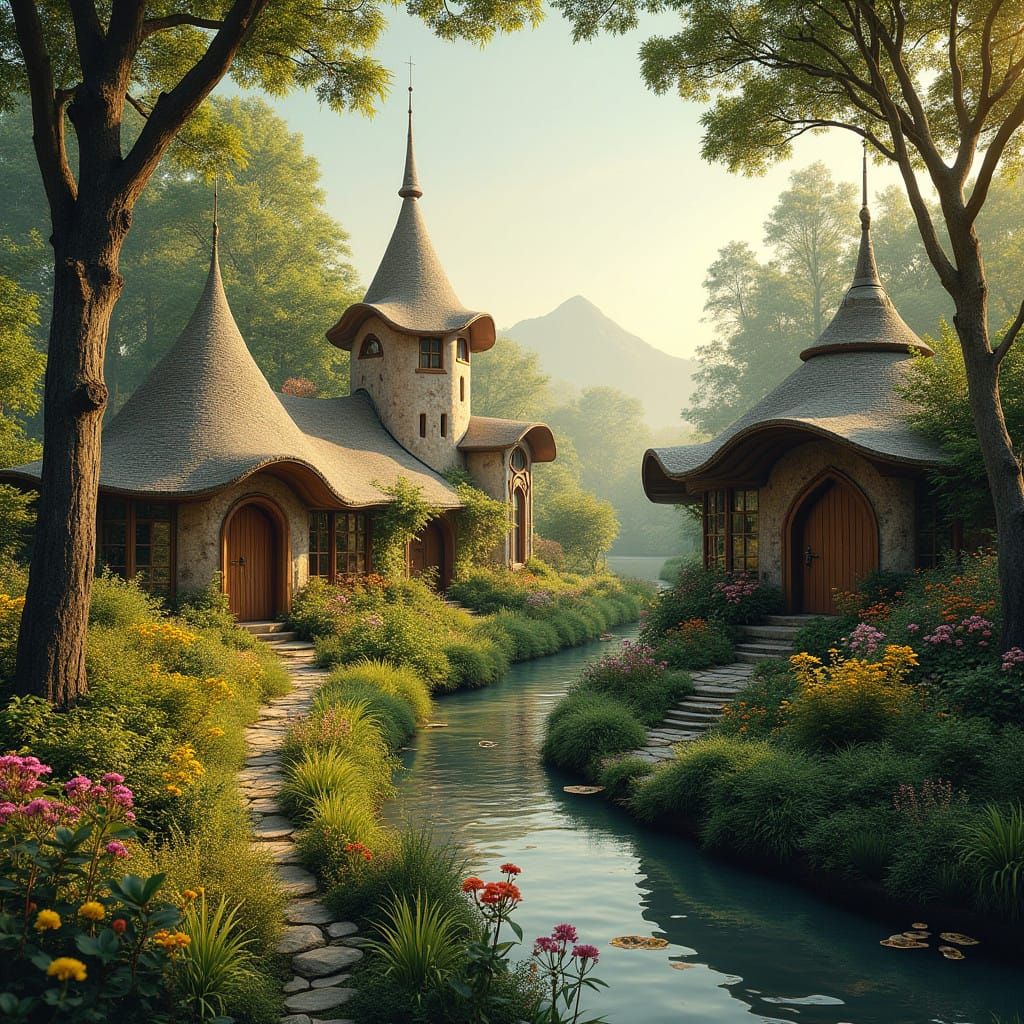 Japanese-Style Village with Whimsical Architecture and Natur...