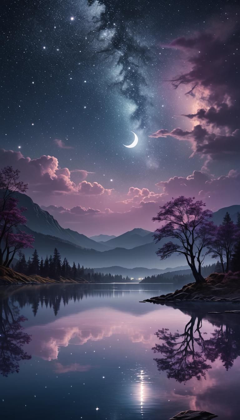 Dreamy Starry Night Lake Digital Matte Painting