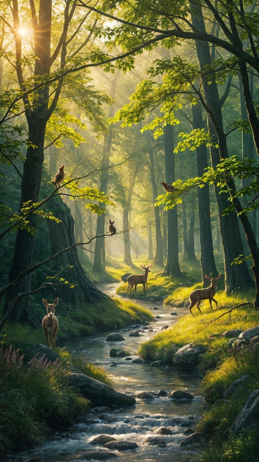 Peaceful Morning Forest Scene in Realistic Digital Art