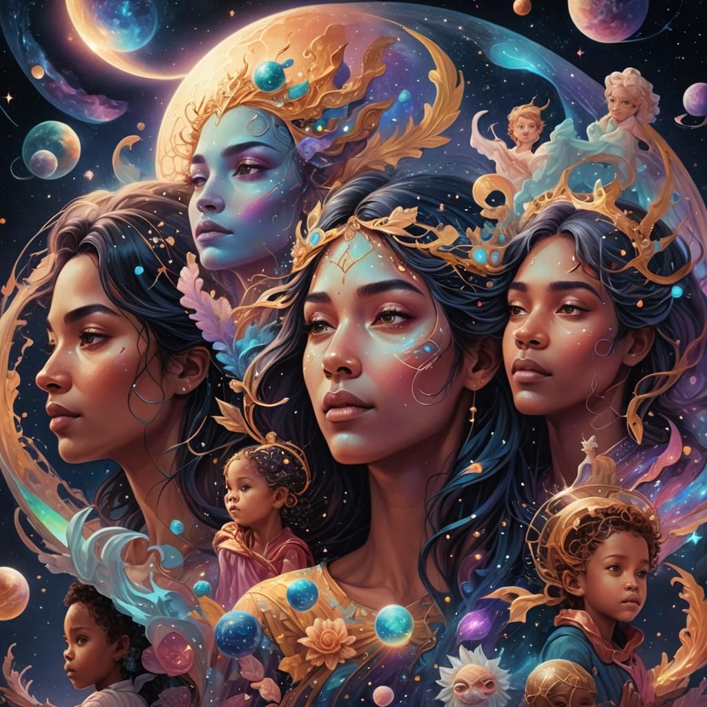 Diverse Motherhood: Holographic Cosmic Fantasy Illustration