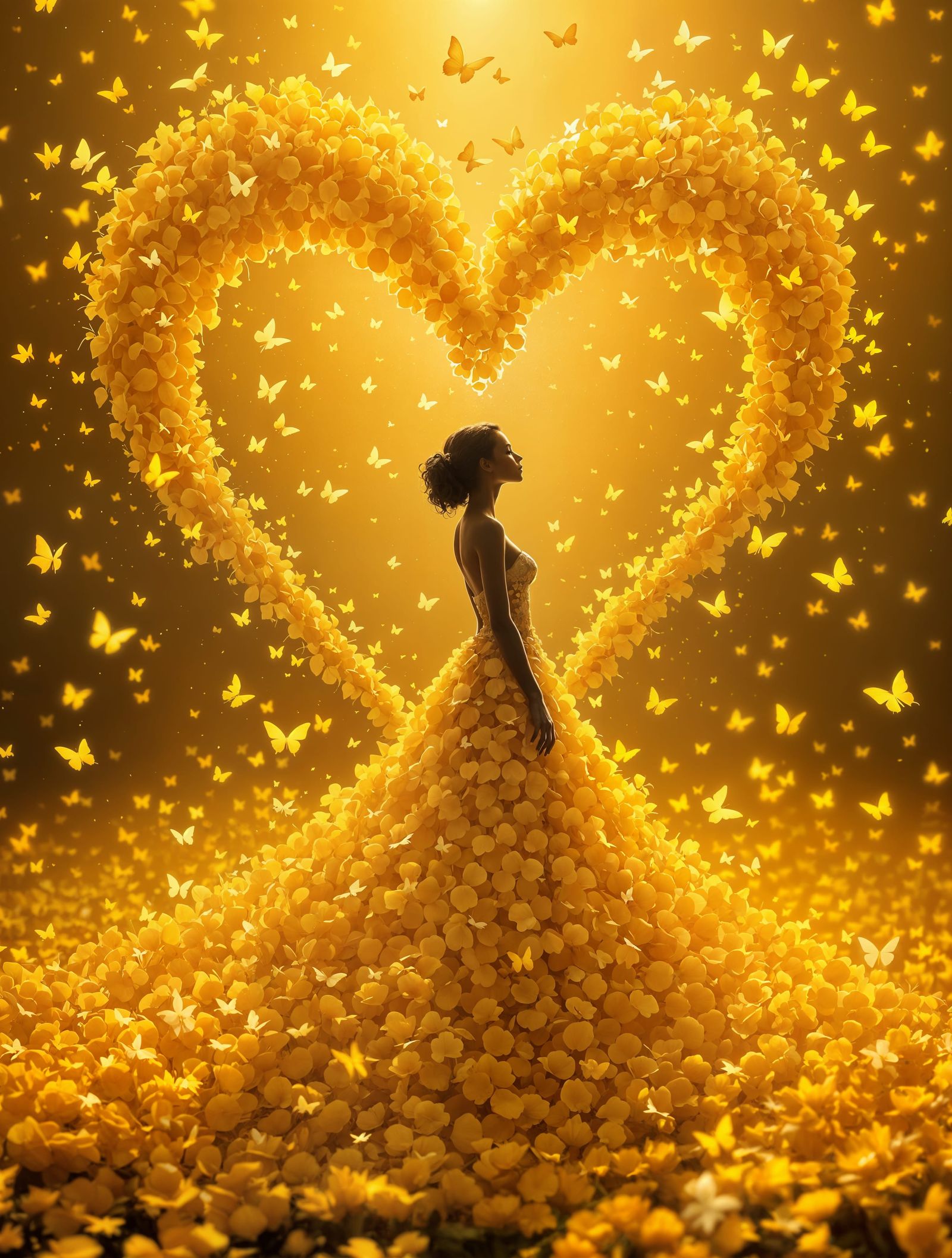 Ethereal Woman in Golden Petal Gown