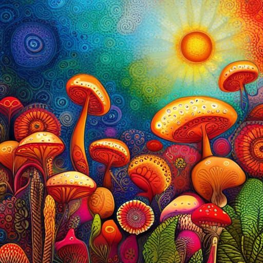 Fantasy Garden Mushrooms in Mixed Media Style