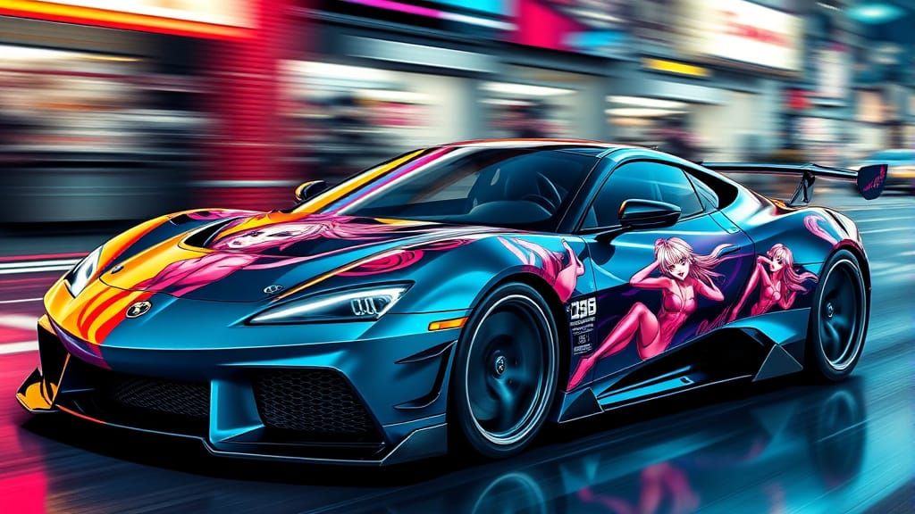 Futuristic Anime Babe-Painted Sports Car in Motion