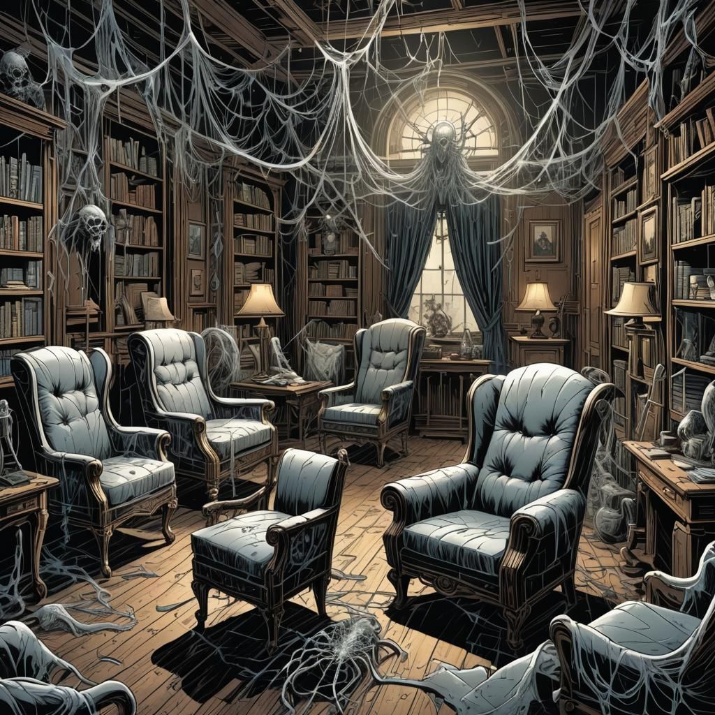 Cobweb-Laden Room with Corpses in Comic Book Style