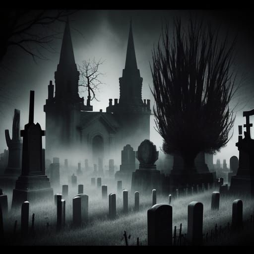 Eerie Gothic Cemetery with Twisted Tree in Digital Art