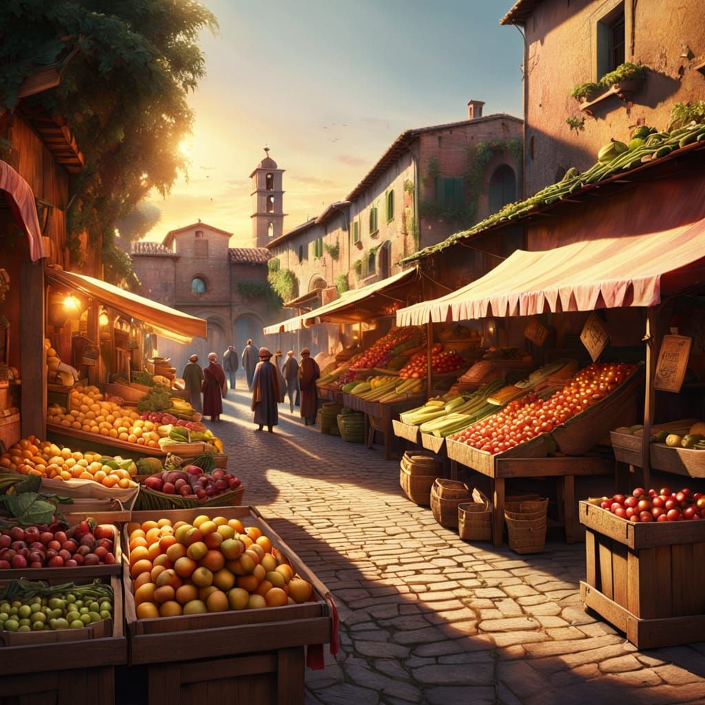 Italian Village Fruit Market at Sunset