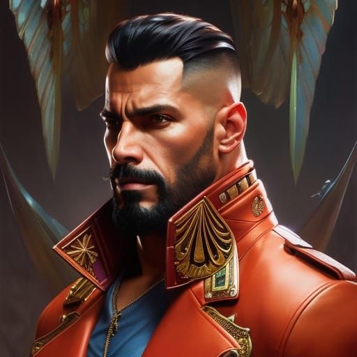 Tattooed Man in Red Coat, Hyperdetailed Fantasy Art