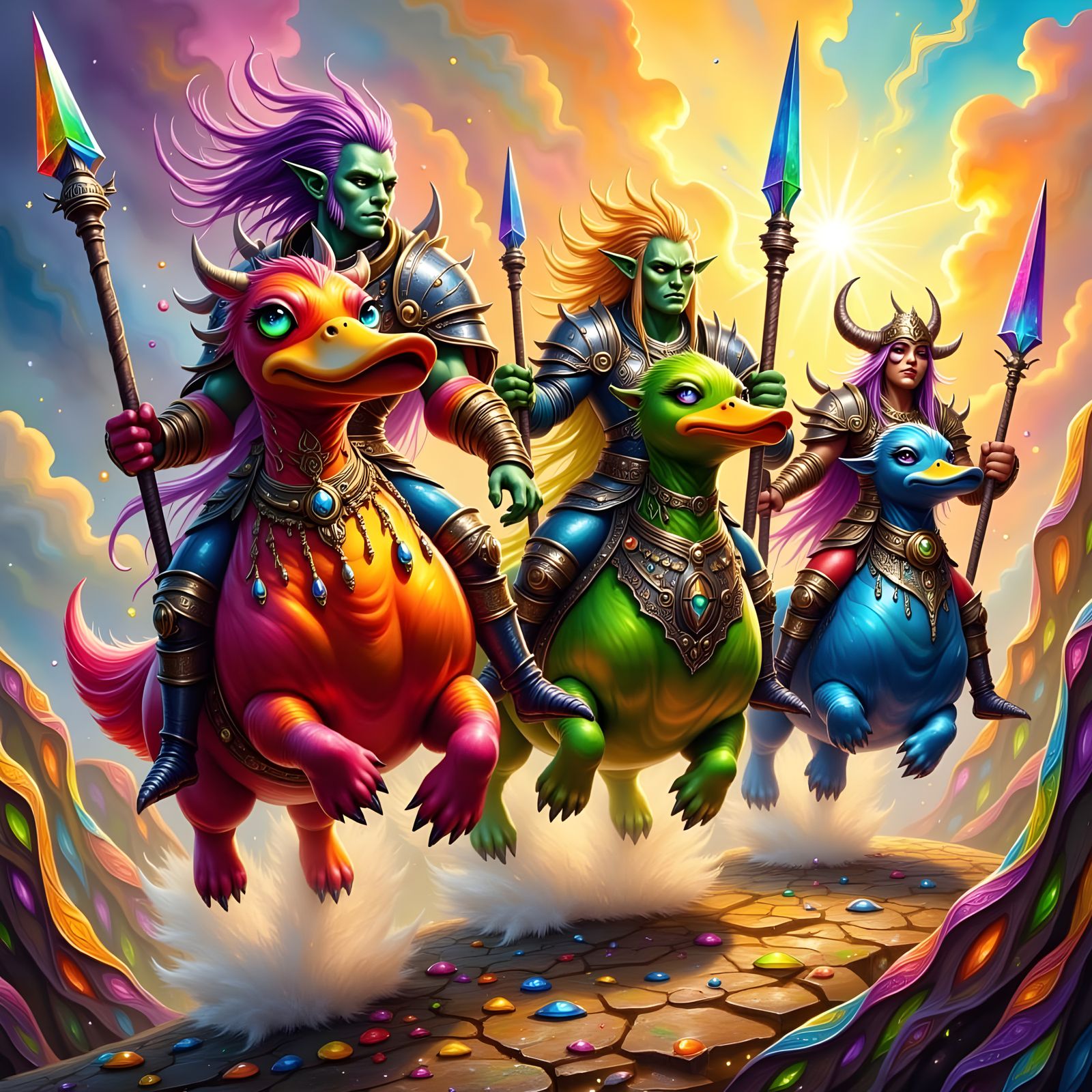 Orcs Jousting on Vibrant Rubber Duckies in Whimsical Fantasy...