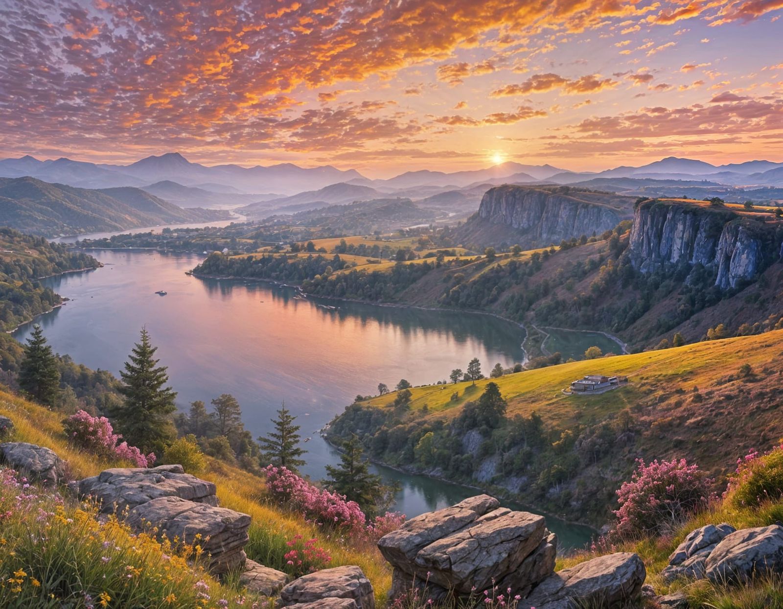 Sunset Panorama Over Rolling Hills