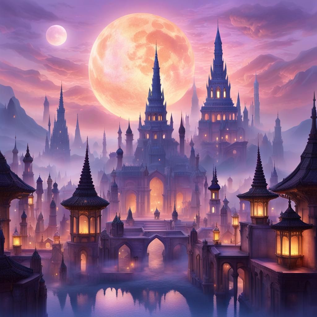 Ancient City at Dusk in Vibrant, Ethereal Colors