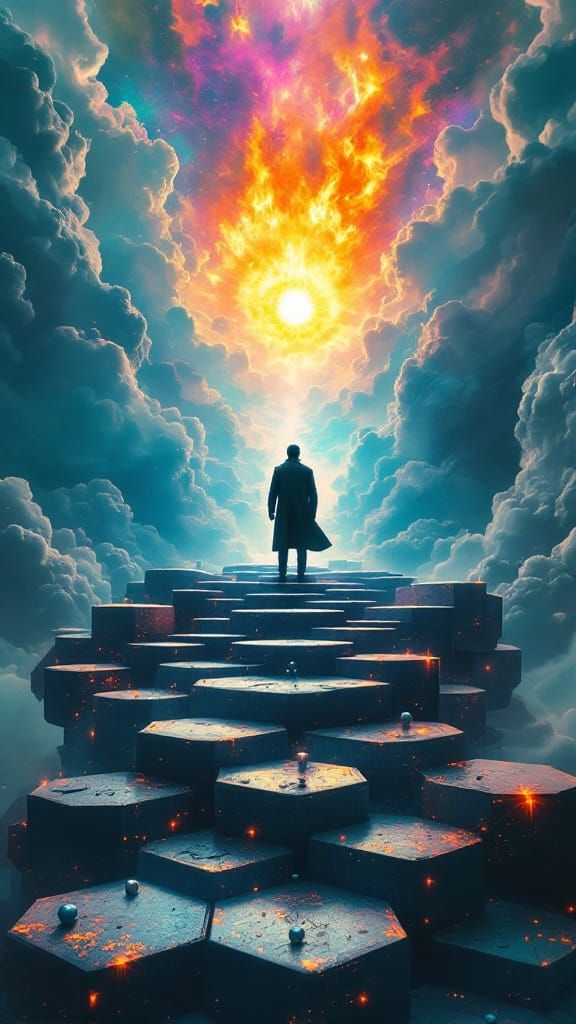 Surreal Digital Art of Man in Long Coat on Hexagonal Steps t...