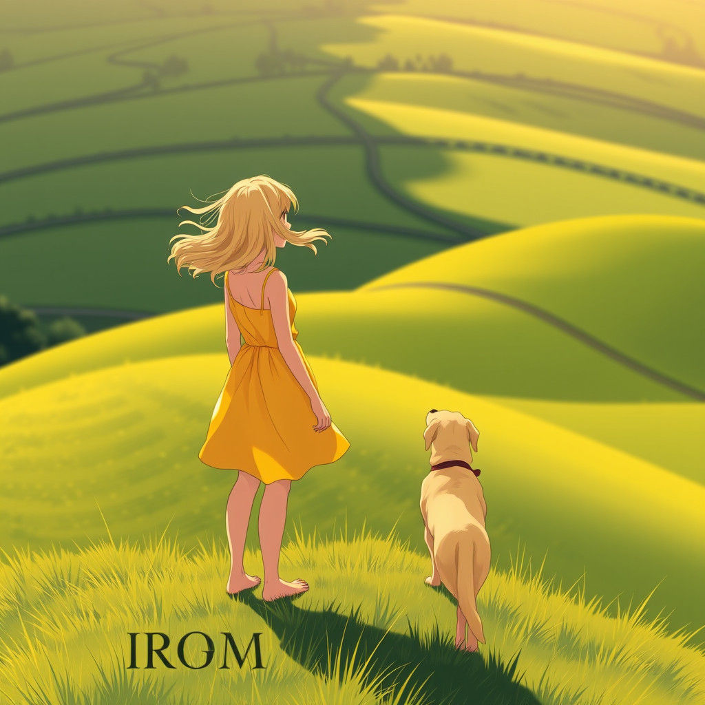Girl and Labrador on Hill in Anime Style