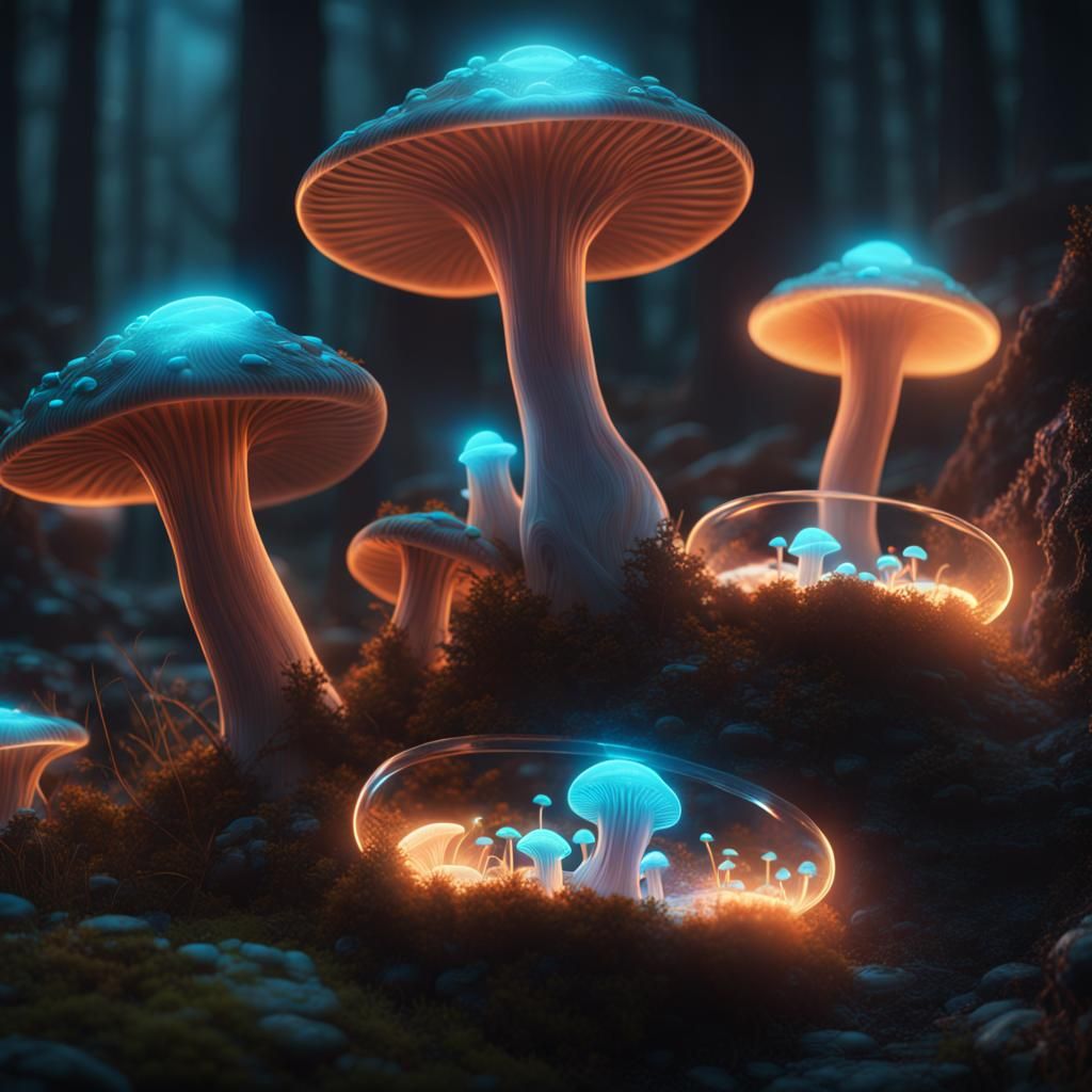 Glowing Bioluminescent Glass Mushrooms in Detailed Matte Pai...