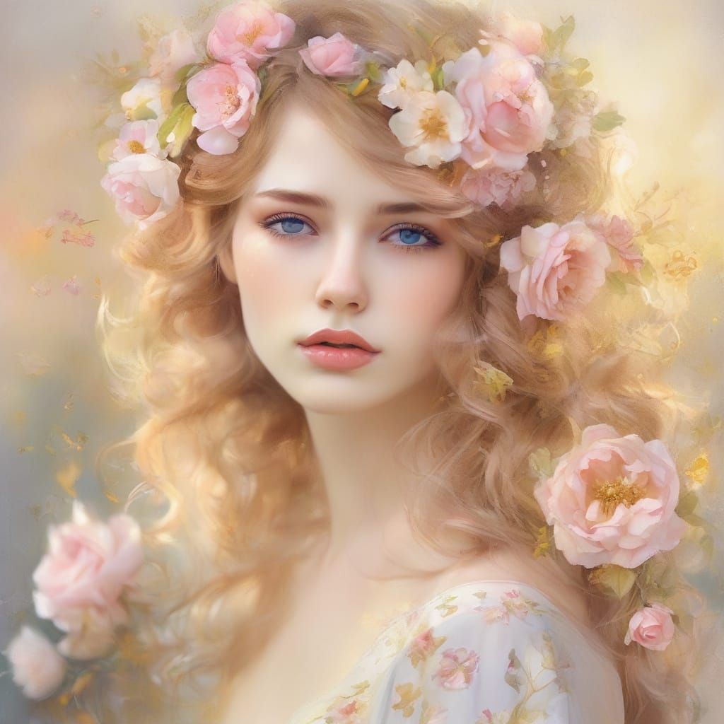 Ethereal Maiden Portrait with Flowers in Watercolor Style