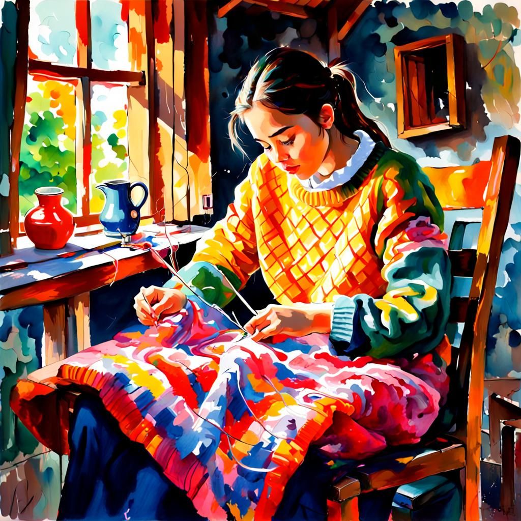 Girl Sewing Sweater: Gouache and Watercolor Impressionism