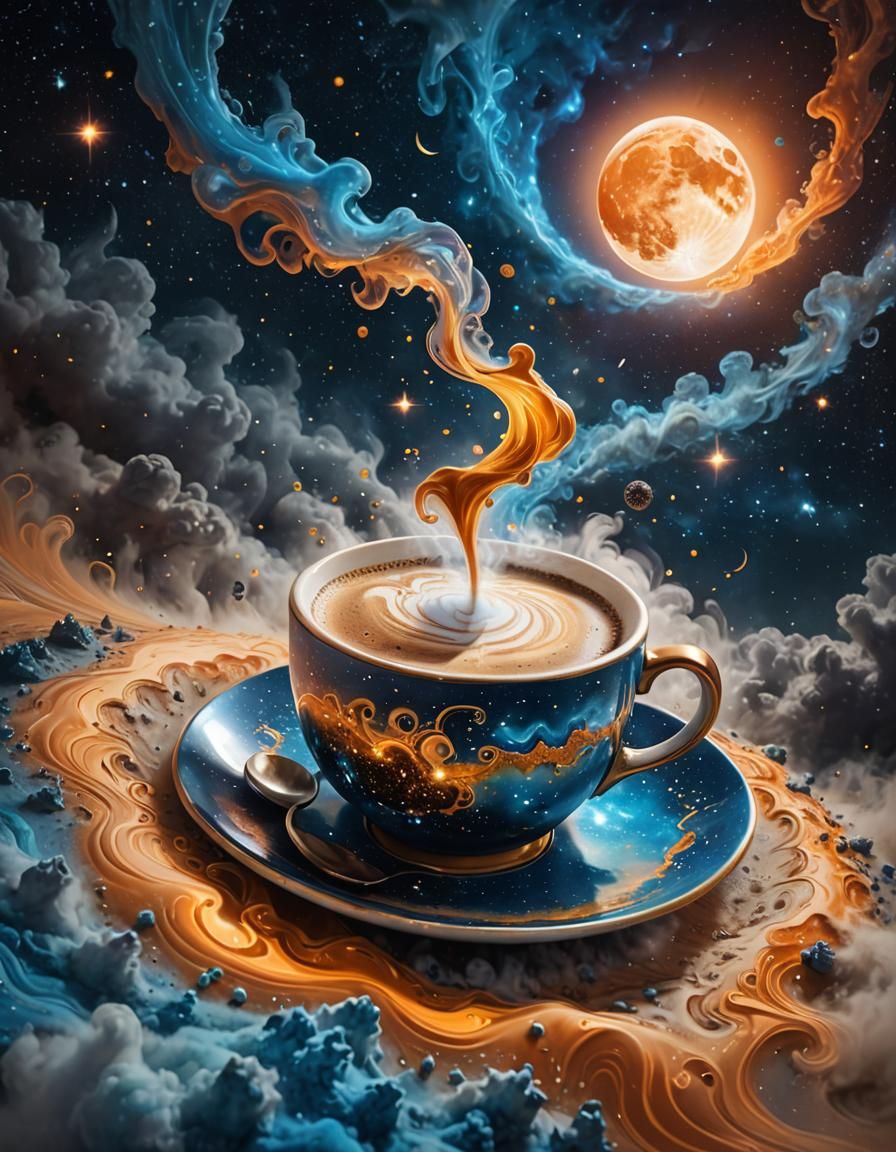 Cosmic Coffee Dreamscape in Hyperrealistic Style