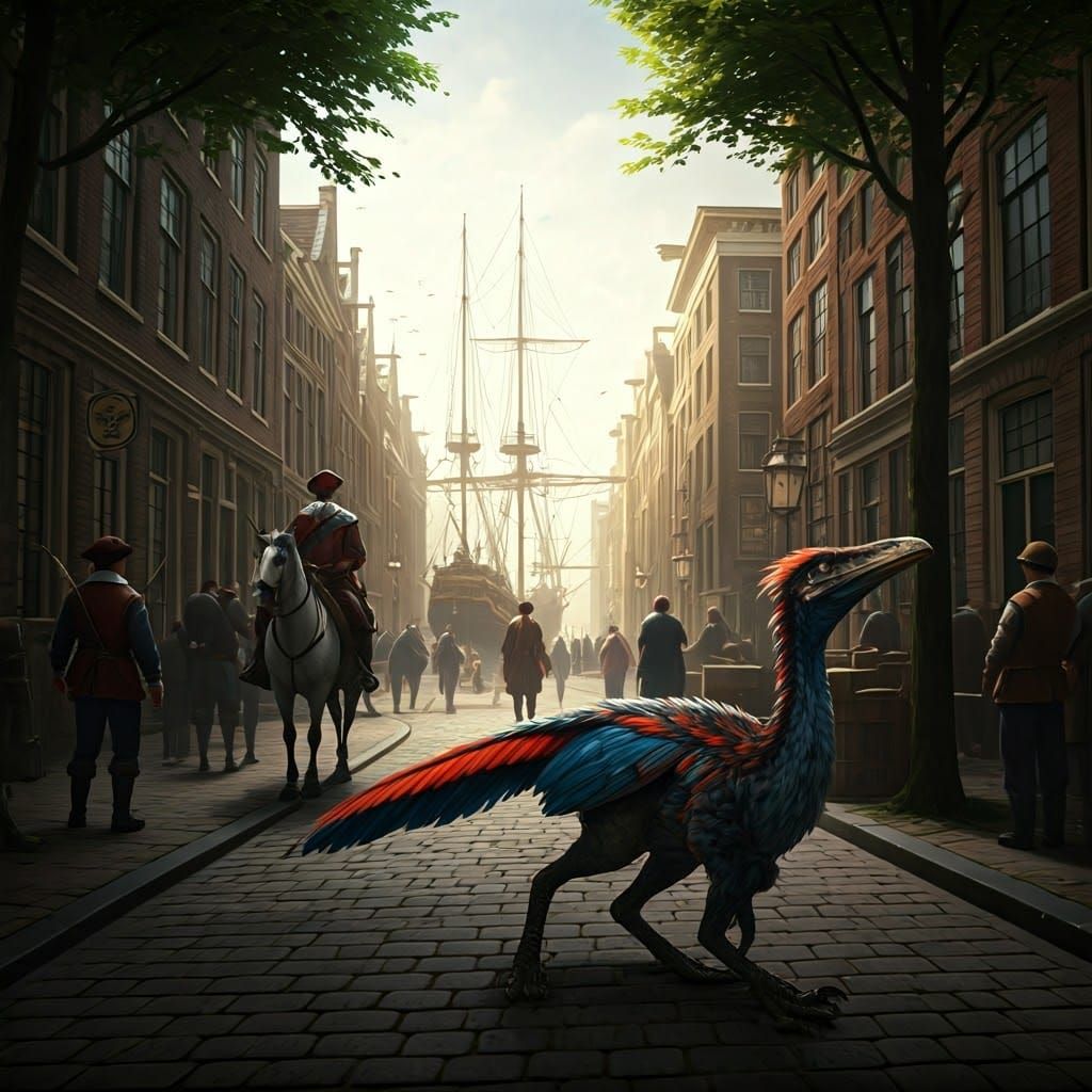 Velociraptor Strolls Medieval Amsterdam: Fantasy Art