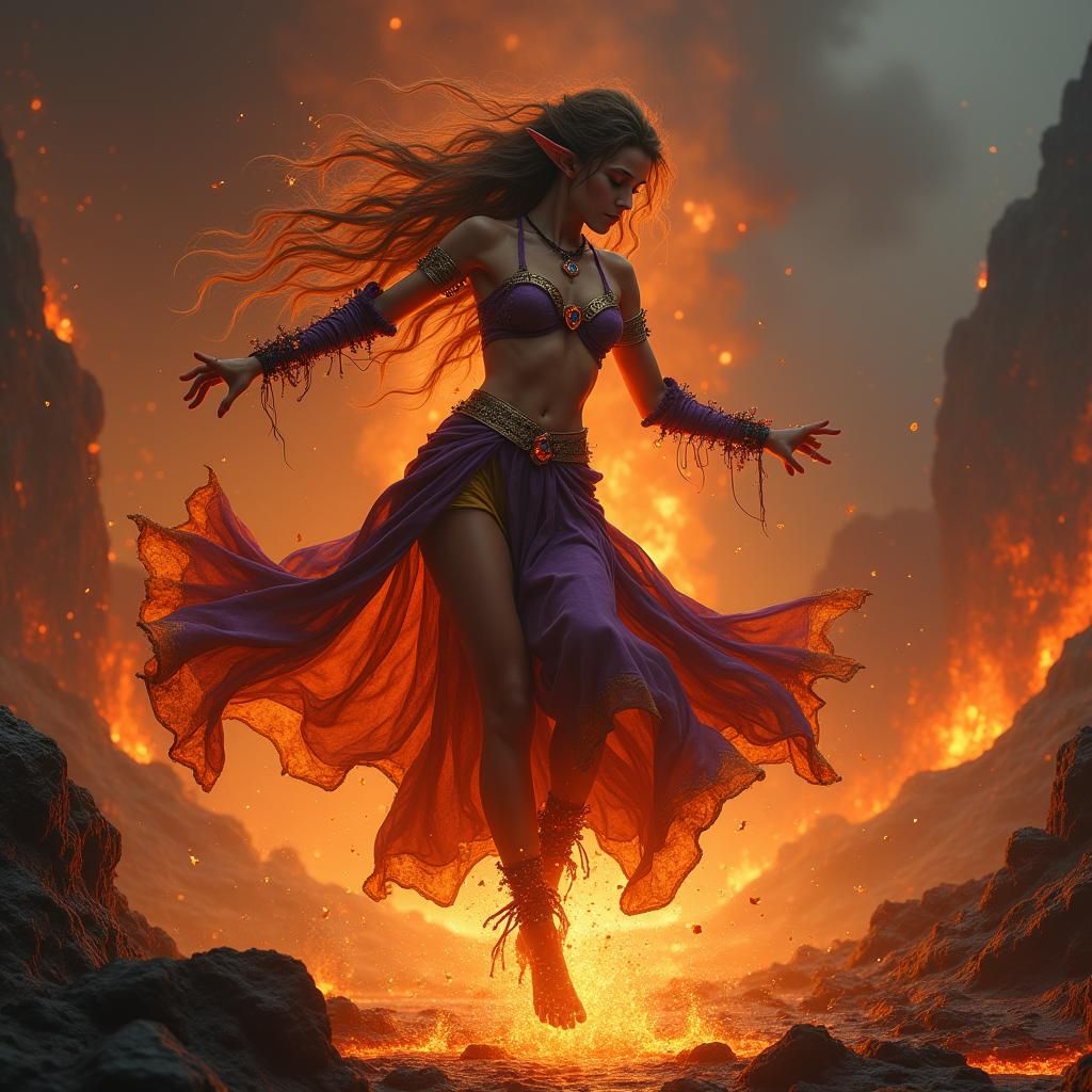 Elf Girl's Fiery Dance in Volcano