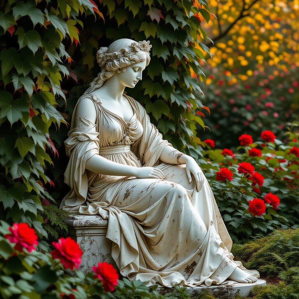 Neoclassical Woman Statue in Overgrown Garden
