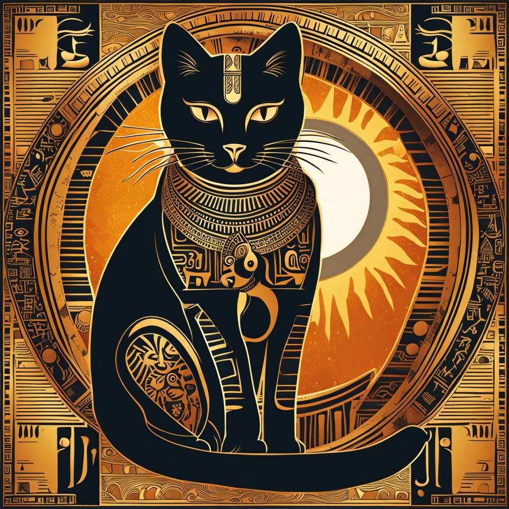 Abstract Egyptian Cat, Sun, and Hieroglyphs